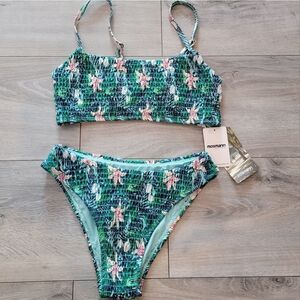 Mosmann Women's Green & Pink Floral print Two Piece Ribbed Bikini Swimsu…